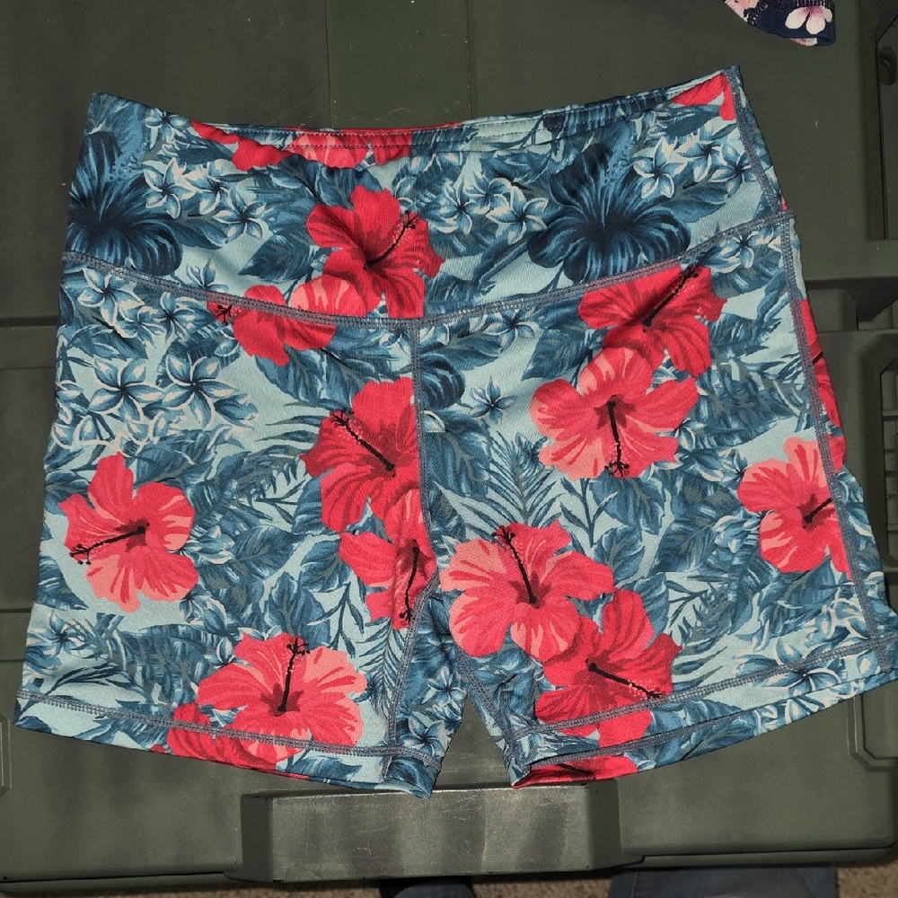 Women’s Tropical Floral Active Shorts - Blue with Pink Hibiscus